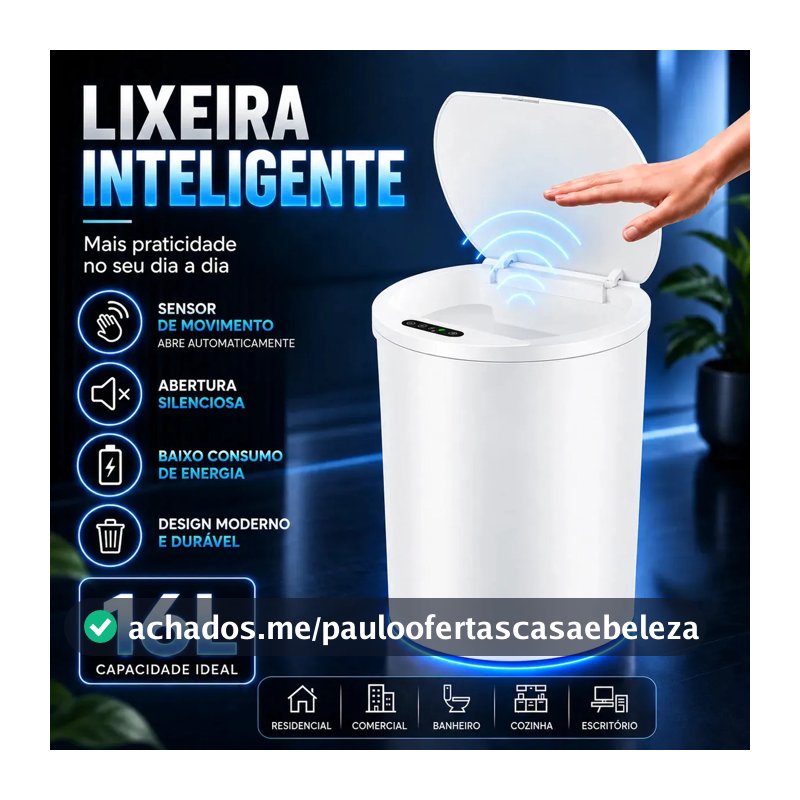 Lixeira Inteligente com Sensor 16L Cor Branco Durável e Moderna para Residencial e Comercial