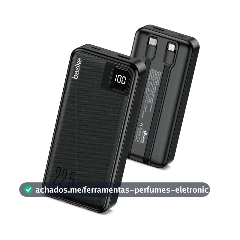Power Bank Basike 20000mAh Preto, Carga Rápida 22.5W para iPhone e Samsung, Com Cabos Embutidos e Display