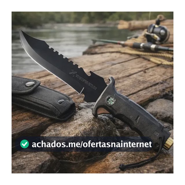 Faca Tática Pescador Aço Inox 31cm Lâmina 18cm Com Bainha Bússola Quebra Vidro Abridor Garrafa Camping Sobrevivência Corta Limpa Peixe Churrasco Cabo Anatômico Emborrachado