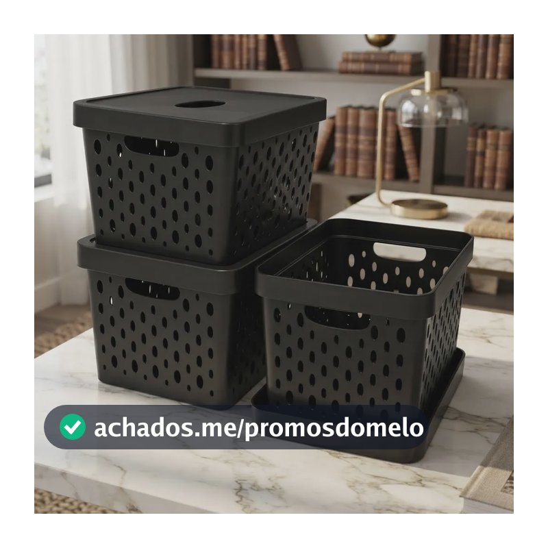 3 Caixas Organizadoras Cesto Tampa Multiuso Resistente 17l Preto