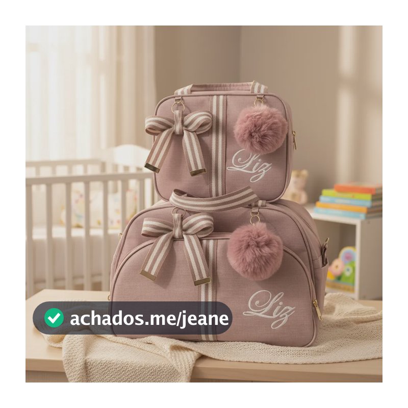 Bolsas  Maternidade Média E Pequena Personalizada Com Nome Rose Linho