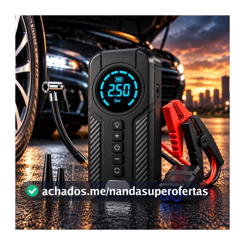 Auxiliar De Partida Bateria Carro Compressor De Ar Portátil 12V 4 funções em 1 Inflador Digital Calibrador Pneu Power Bank Lanterna LED Emergência Automotiva Moto SUV Bicicleta Caminhonete MidiaFone