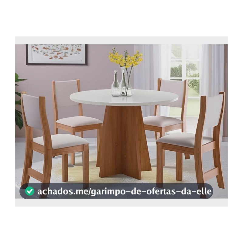 Conjunto De Mesa Vieiro Slin Redonda Com 4 Cadeiras Tampa Linho Pés Amendoa