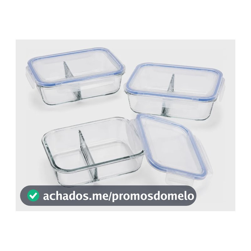 Conjunto 3 Potes Hermético Vidro C/ Divisória Marmita 640ml Transparente