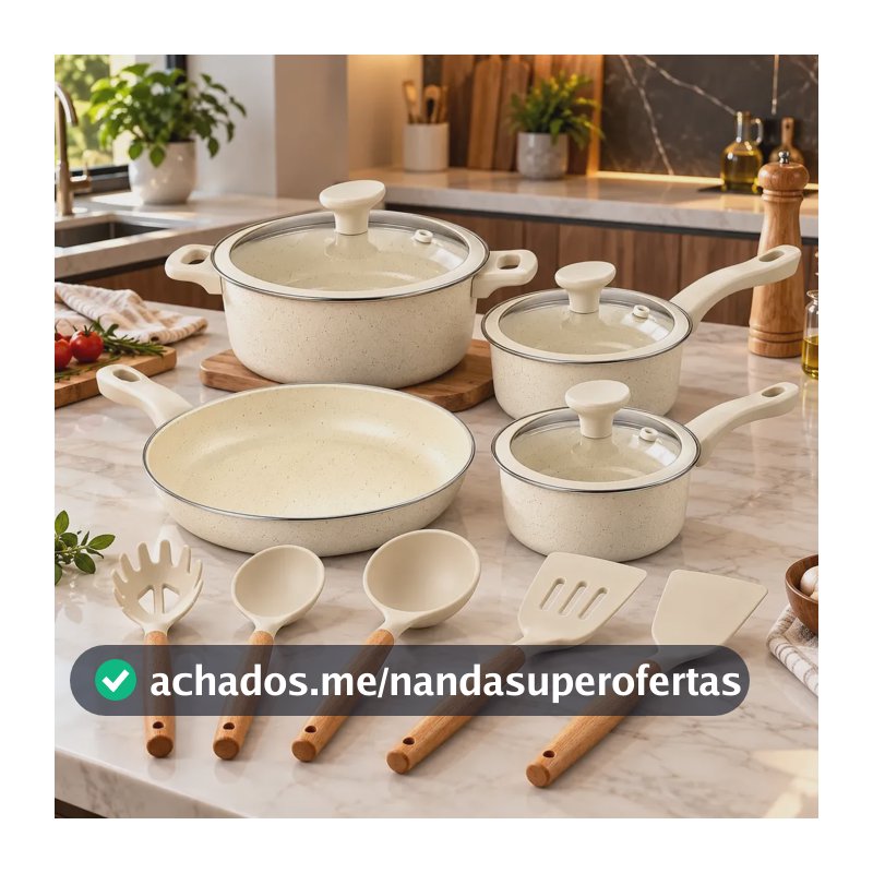 Jogo De Panelas Genebra Cerâmica 12 Pçs Antiaderente Indução Creme