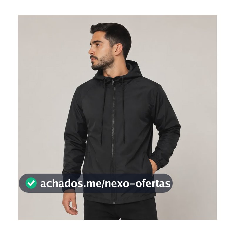Jaqueta Corta Vento Unissex Liso Esportivo Bolsos E Capuz Preto Gg