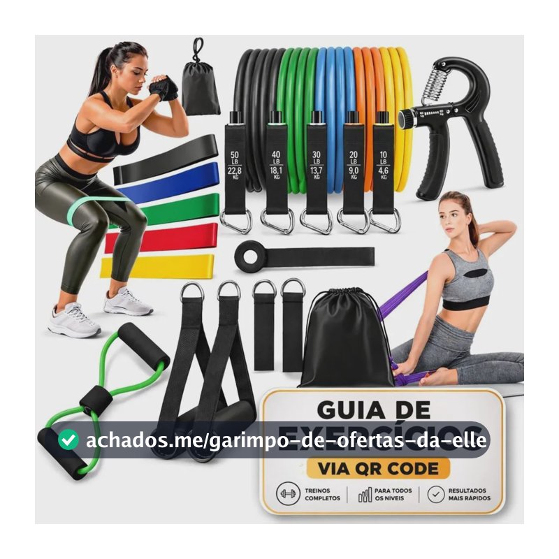 Kit 20 Itens: Elasticos Extensores + 1 Hand grip + 5 Mini bands + Cross tube + 1 Thera Band + Guia de Exercícios Cardio- Fisioterapia - Pilates- Academia- Treino em Casa Reativo Sport e Fitness