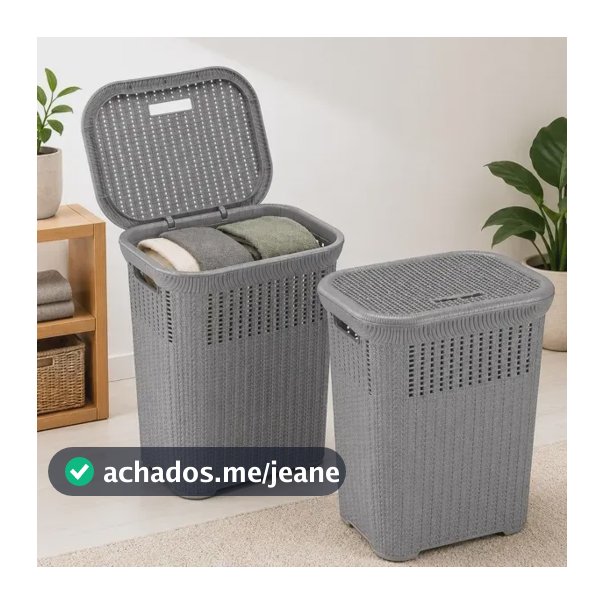 Cesto De Roupa Rattan 50l Com Tampa Basculada Grande Giplast Cinza