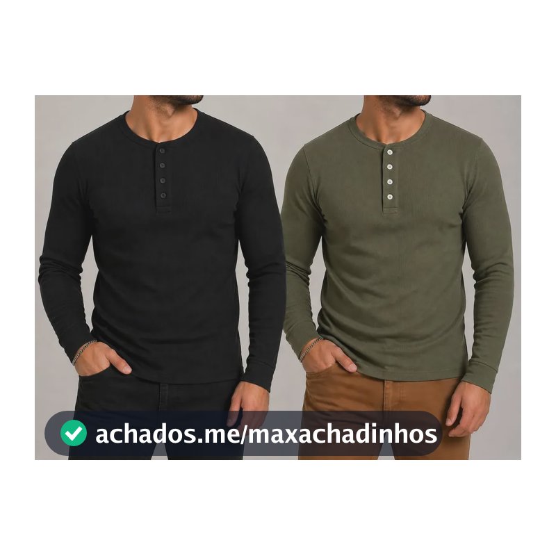 Kit 2 Camiseta Henley Masculina Mlonga 4 Botões - 6 Cores