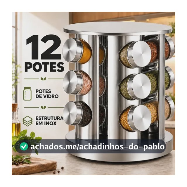 Porta Temperos Giratório 360° Inox 12 Potes de Vidro Organizador para Condimentos Especiarias Cozinha Suporte Carrossel Moderno Prático Premium e Luxo