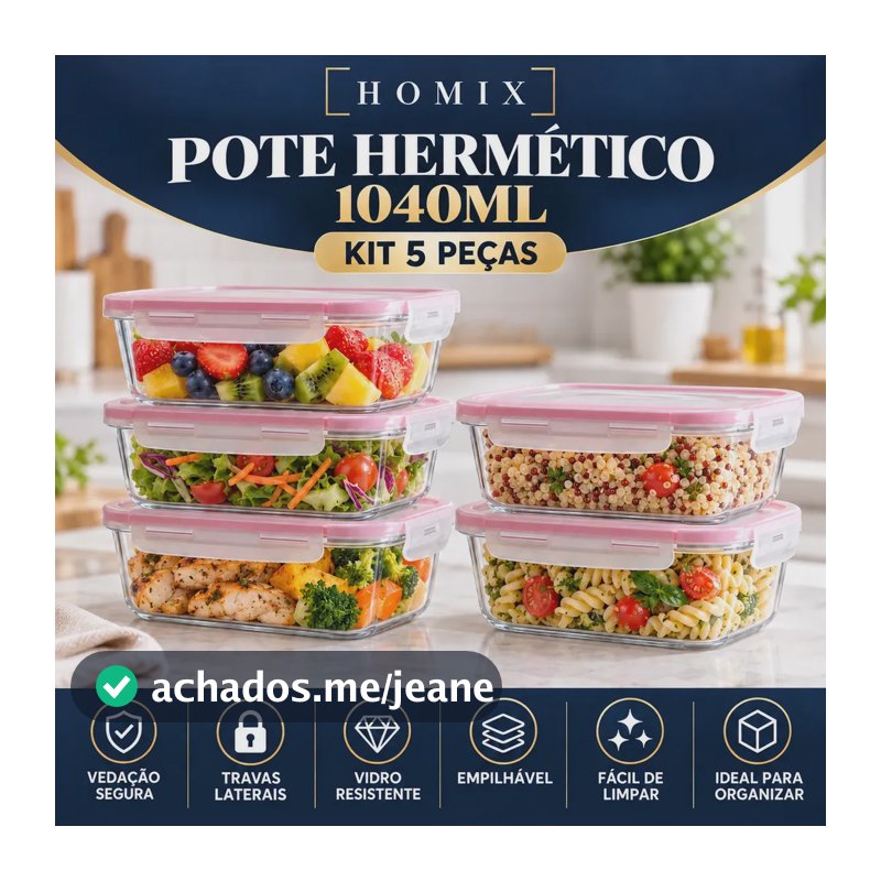 Kit 5 Potes Vidro Hermético 1040ml Retangular 4 Travas Marmita Premium Homix
