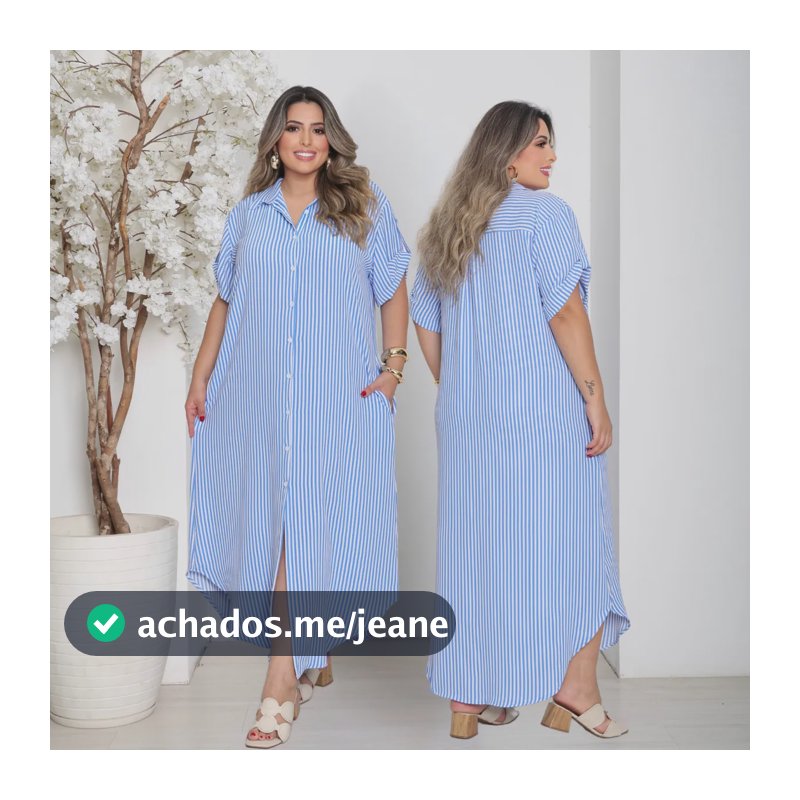 Vestido Plus Size Femenino Chemise  Mães Listrado  Elegante Azul E Branco Listras G3
