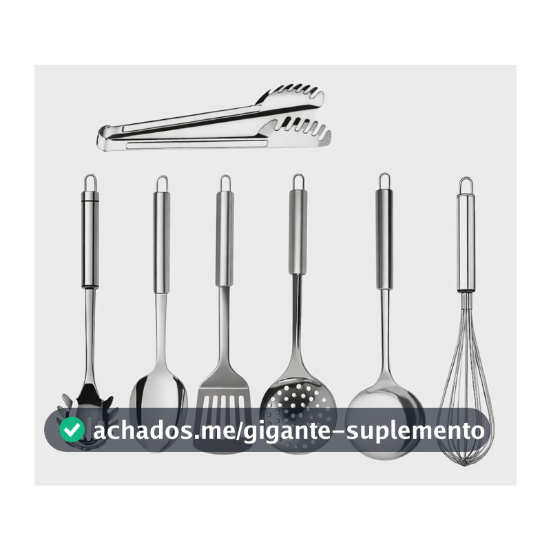 Kit 7 Peças Em Inox Escumadeira Concha Espátula E Muito Mais Aço Inox