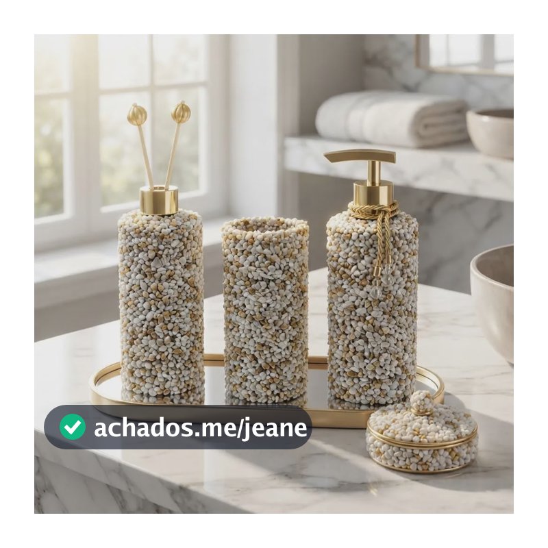 Kit Lavabo Luxo Pedras Naturais ,bandeja Espelho Dourado 4pc Palha