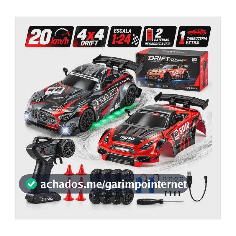 BrincaMundo Carrinho de Controle Remoto Drift 4x4 20km/h Escala 1:24 Carro RC Alta Velocidade Recarregável Com 2 Baterias e Carroceria Extra Vermelho e Preto