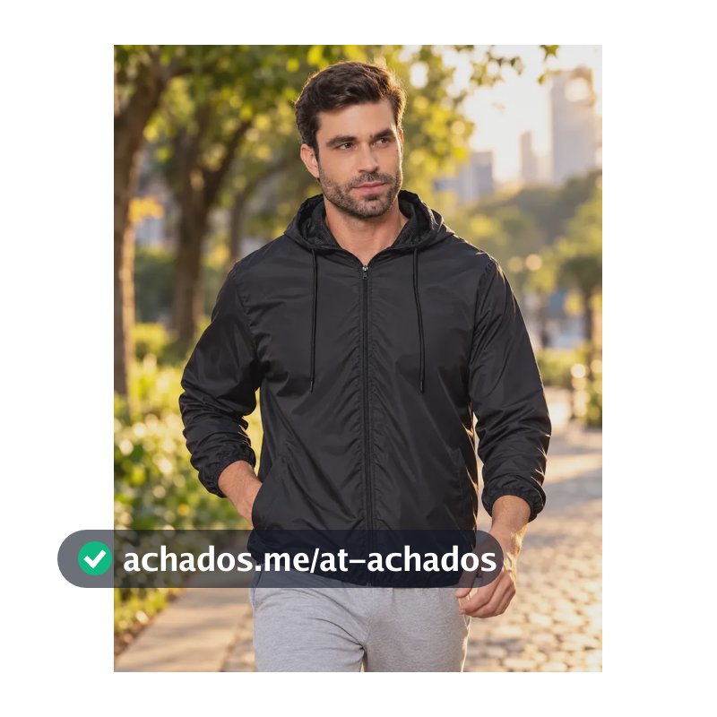 Jaqueta Corta Vento Masculina Impermeável Capuz Zíper Bolso Preto G Liso