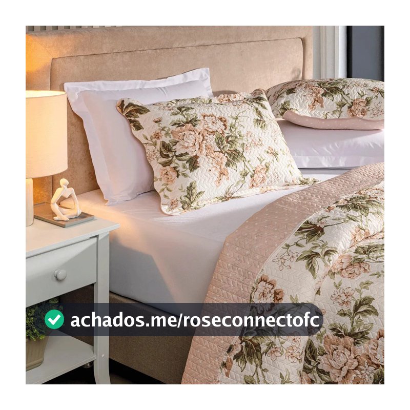 Kit Cobre Leito Colcha Queen 3 Peças Boutis Dupla Face Porta Travesseiro Aba Americana Beatriz Rose