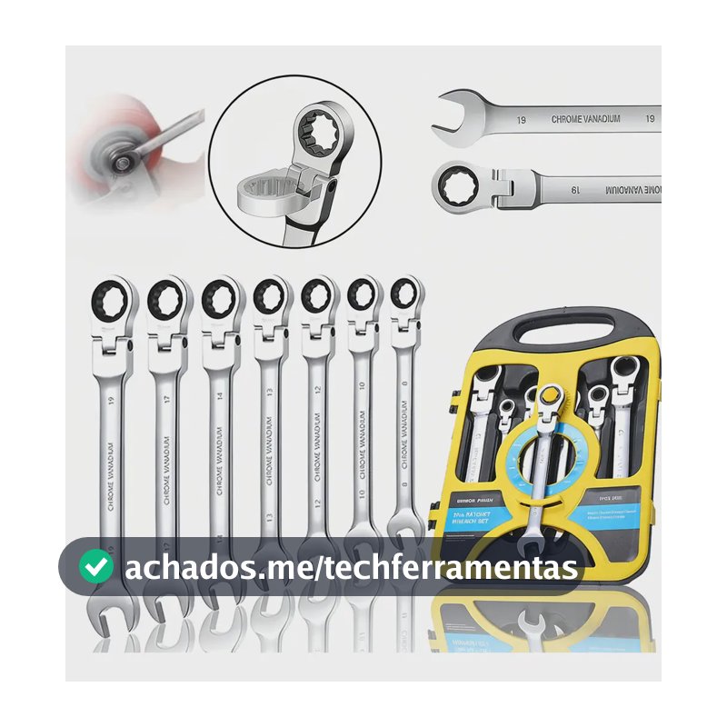 Chave Combinada Catraca Jogo Chaves 7pcs 8-19mm Cabeça Móvel Prateado