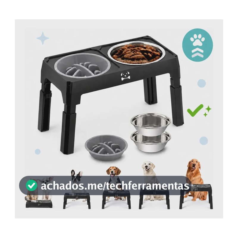 Comedouro e Bebedouro Elevado para Cães e gatos pets Inox Duplo lento tijela Regulável antiderrapante para buldogue com ajuste de altura suporte ergonomico 8cm 35cm