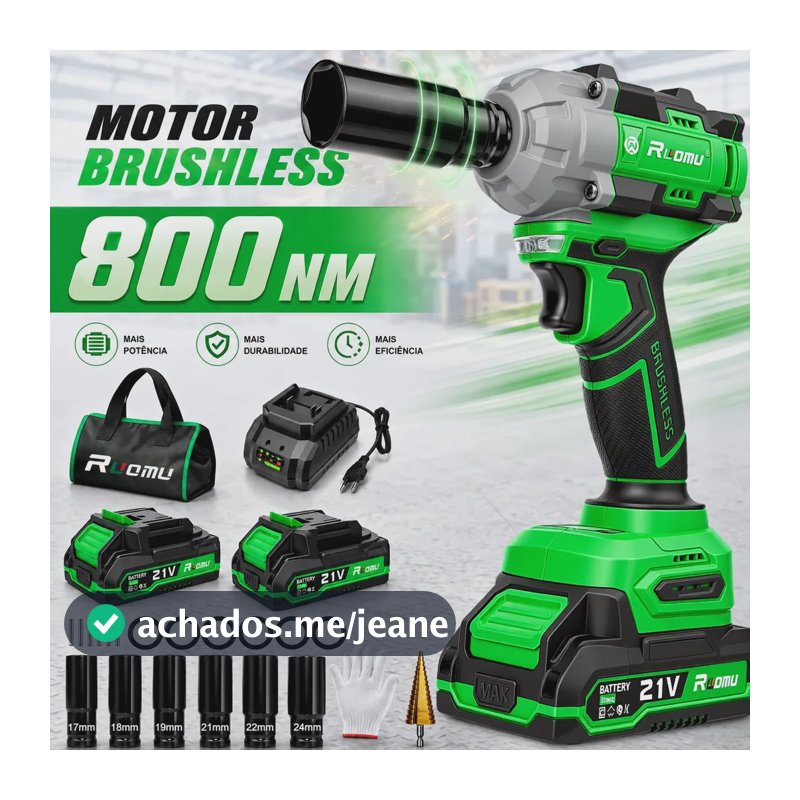 Chave de Impacto a Bateria 800Nm Brushless com 2 Baterias