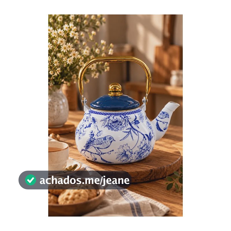 Chaleira Esmaltada 1,5l Azul Branca Floral Chá Café Dourada Azul