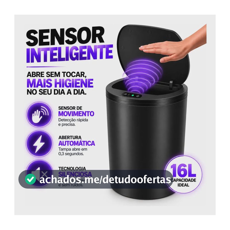 Lixeira Inteligente Automática Redonda Recarregável USB‐C Sensor para Cozinha Banheiro Escritório