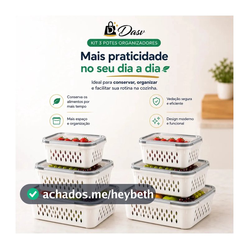 Conjunto Kit 6 Organizadores Geladeira Transparente Hermético Escorredor Cesto Frutas Alimentos Verduras Legumes Dasv