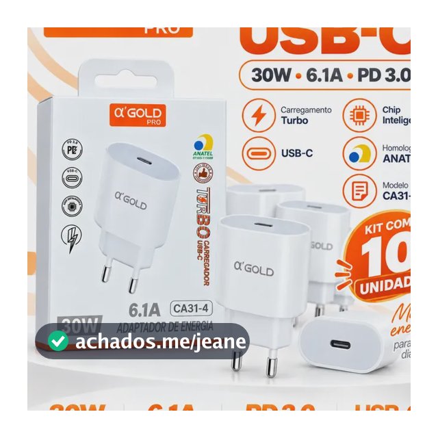 Kit 10 Fontes Carregador Turbo Usb-c 30w A'gold Ca31-4 Branco