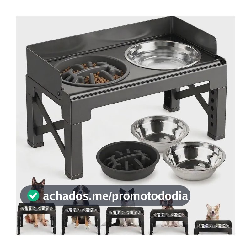 Comedouro Bebedouro para cachorro caes pets elevado Duplo inox tijela antiderrapante com regulavel com aço inoxidável para buldogue com ajuste de altura suporte 8cm 31cm com Proteção contra respingos