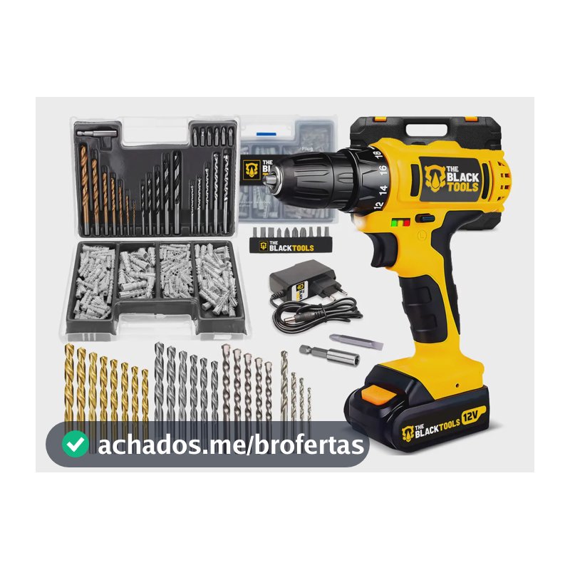 Parafusadeira Furadeira A Bateria 3/8” 10mm 1350rpm Bivolt The Black Tools + Jogo De Brocas Bits E Buchas 300 Peças