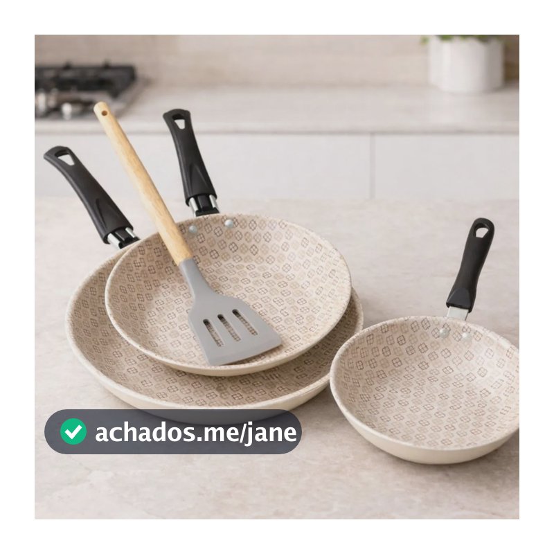 Jogo 4pcs Frigideiras Antiaderentes 14cm 18cm 22cm Espatula Creme