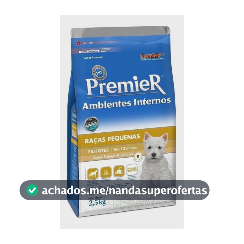 Ração Premier Cães Filhotes Raças Pequenas Ambientes Internos Sabor Frango e Salmão 2,5kg