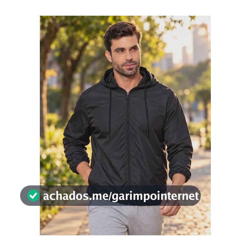 Jaqueta Corta Vento Masculina Impermeável Capuz Zíper Bolso Preto G Liso