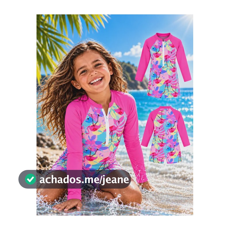 Macacão Infantil Proteção Solar Uv Manga Longa Praia Piscina Rosa Pink Flamingo 8-9 Anos