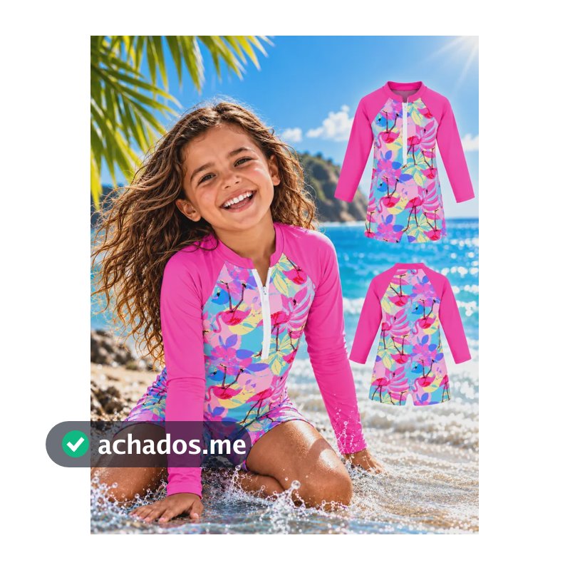 Macacão Infantil Proteção Solar Uv Manga Longa Praia Piscina Rosa Pink Flamingo 8-9 Anos