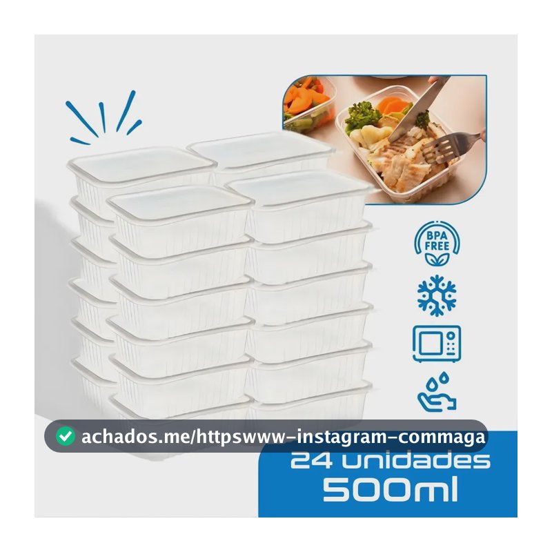 24 Marmitas 500ml Comida Fitness Pote Descartável Retangular Plástico Freezer Microondas Com Tampas - Montza