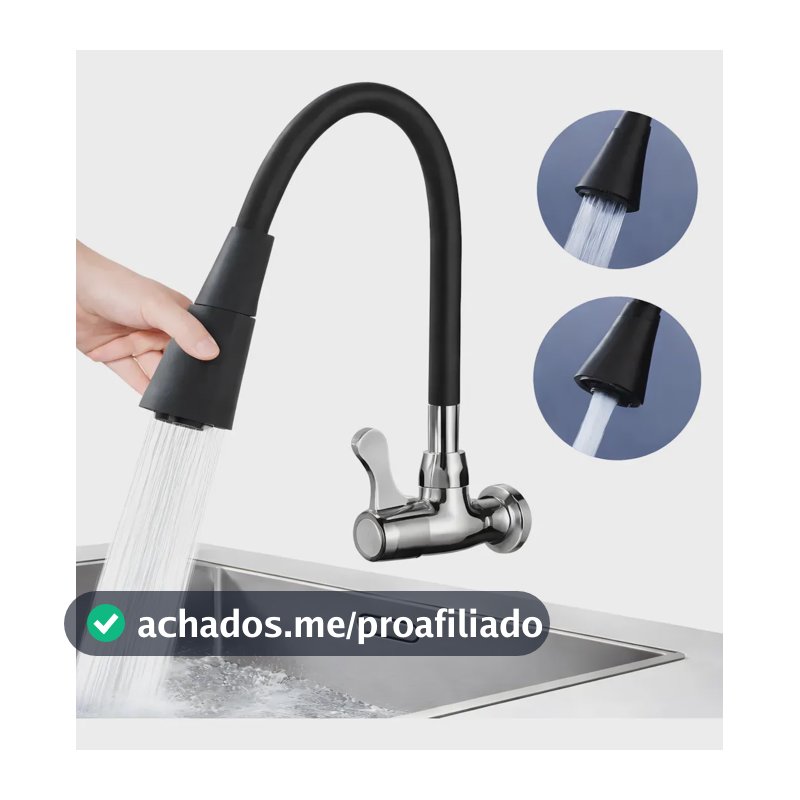 Torneira Gourmet Para Cozinha 2 Jatos Bica Móvel Parede Preta Flexível Jato Cone
