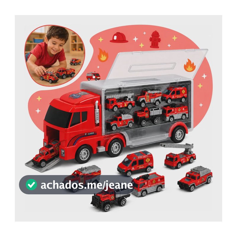 Caminhão Cegonha de Brinquedo Bombeiro Maleta Organizadora com 6 Mini Carrinhos de Resgate Caminhão Infantil com Alça para Transportar Vermelho 37cm Sem Pilhas Kizumba