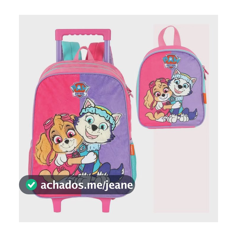 Kit Mochila Rodinhas Patrulha Lancheira Pelúcia Ic42032pa Rosa Liso