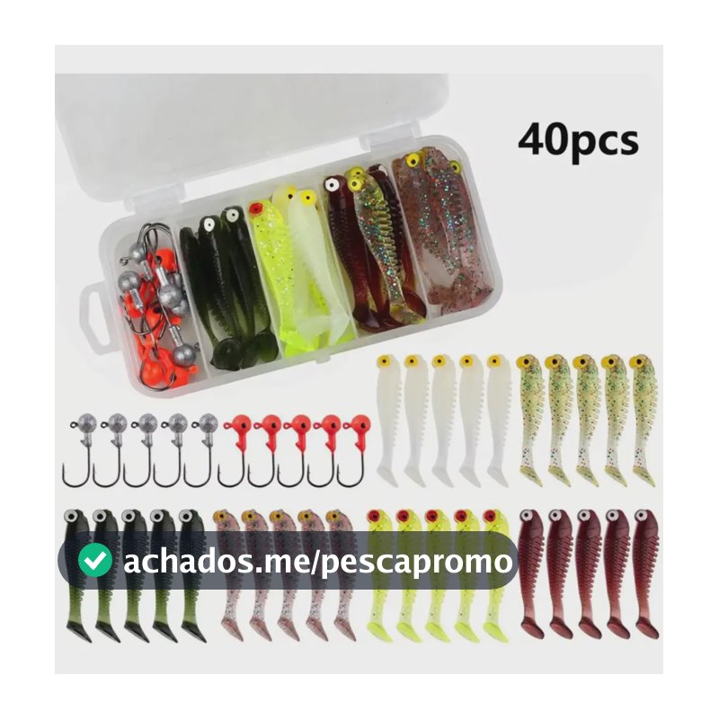 Kit Iscas Soft Shad 10 Anzol Robalo Traira + Estojo 40 Peças Branco