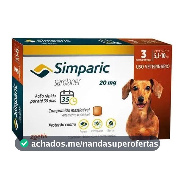 Simparic Zoetis Antipulgas Carrapatos Sarnas Cães 5,1 A 10kg 3 Comprimidos