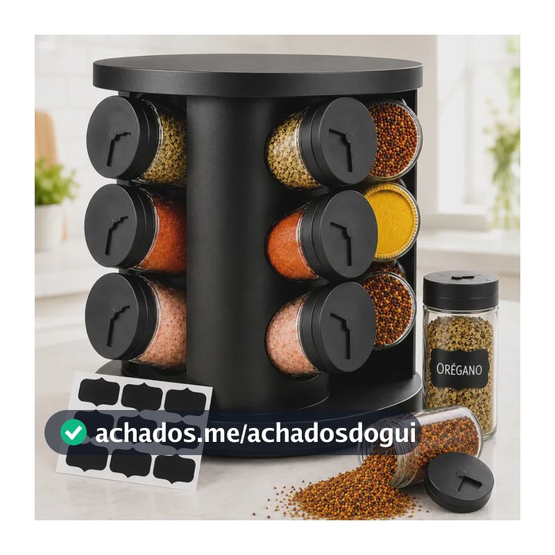 Porta Temperos Condimentos 9 Unidades Potes Vidro Base Giratória Preto Organizador Cozinha Dosador Sólar