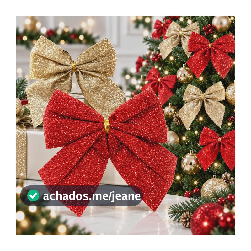 Kit 12 Laços De Natal Lacinho Enfeite Árvore Natal Decoração Dourado Glitter