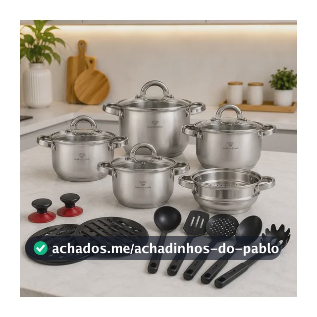 Jogo Panelas Inox 19 Peças Genebra Completo C/ Utensílios Prateado