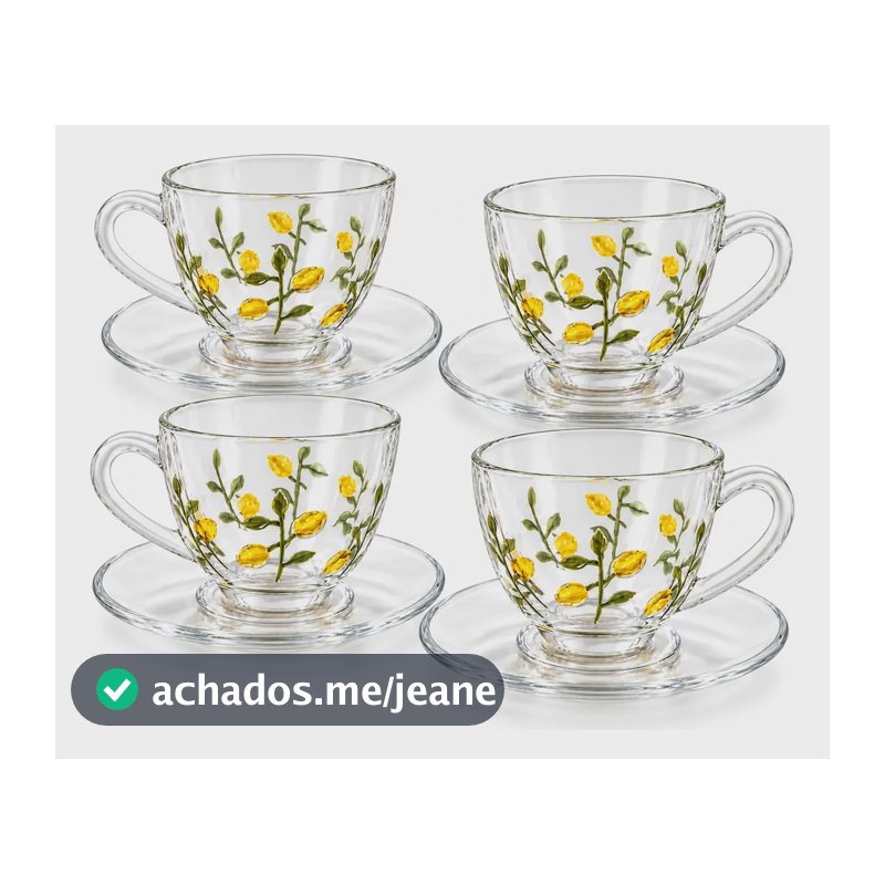 Kit 4 Xícaras Chá Café Pires Cristal Limão Siciliano 180ml Transparente Limão