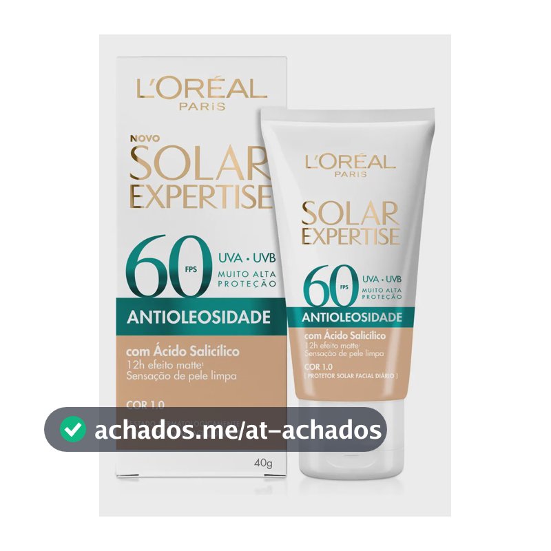 L'Oréal Paris Solar Expertise Antioleosidade, Protetor Solar Facial com FPS 60, 12h de Efeito Matte com Ácido Salicílico, Cor 1.0, 40g