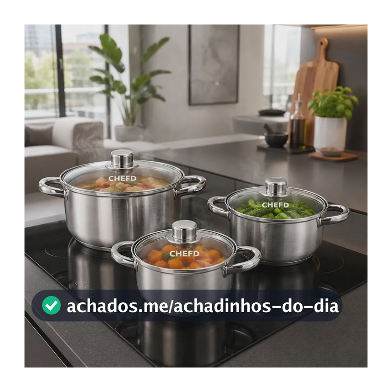 Jogo de Panelas Chef D Aço Inox 6 Peças 3 Caçarolas 3 Tampas de Vidro Fundo Triplo Fogão Indução Gás Elétrico Saudável Sem BPA Atóxico