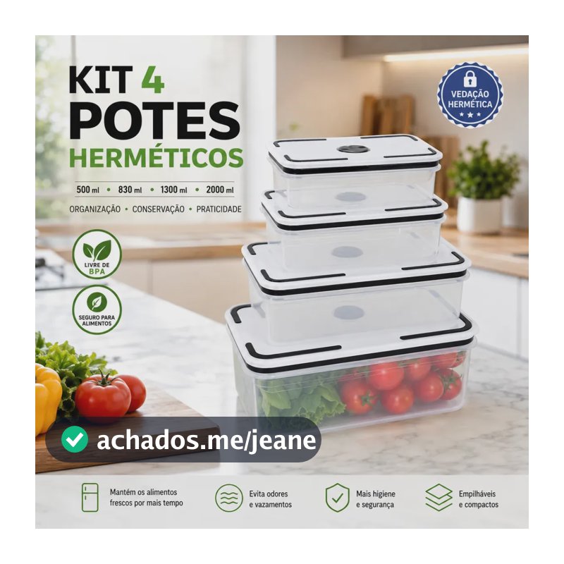 Kit 4 Potes Herméticos Alta Vedação Alimentos Empilháveis Branco