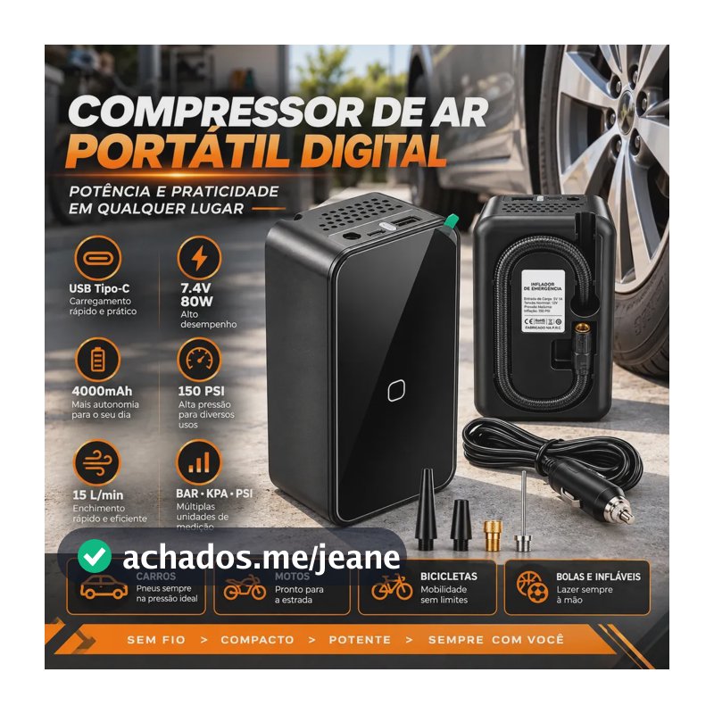 Bomba De Ar Manual Portátil Digital Recarregável Para Encher Pneu Carro Moto Bik Bolas Preto