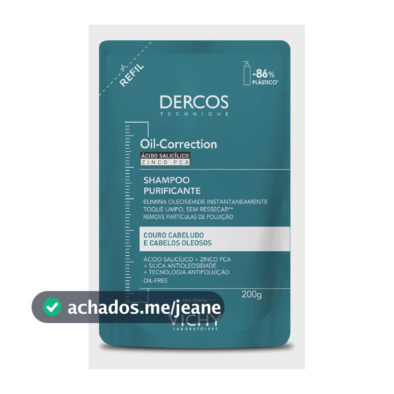 Refil Shampoo Purificante para Cabelos Oleosos Limpeza Profunda sem Ressecar os Fios Fórmula com Ácido Salicílico e Zinco PCA Oil-Correction Vichy Dercos 200g